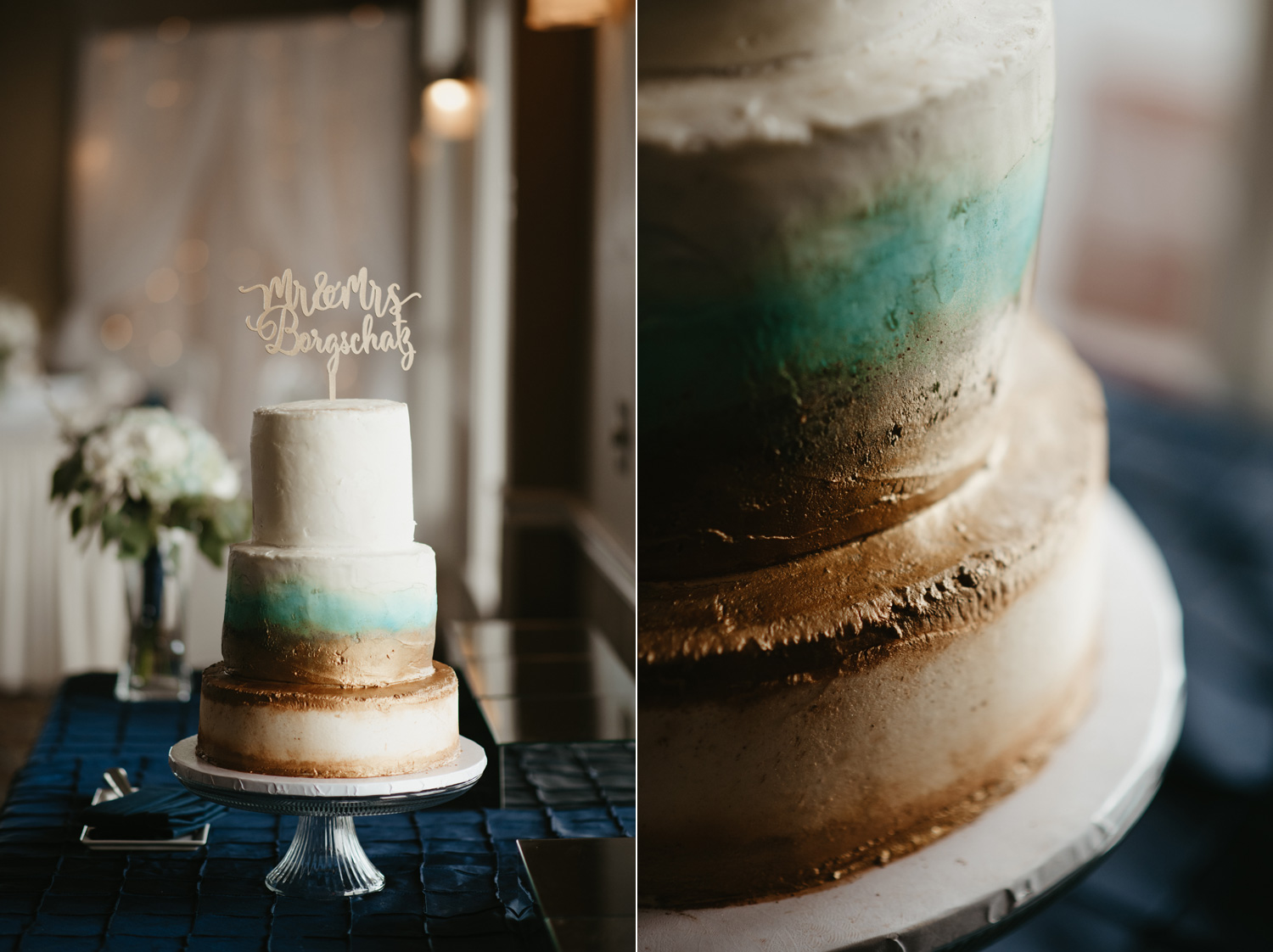 Wedding cake ombre from gold to turquoise with personalized topper