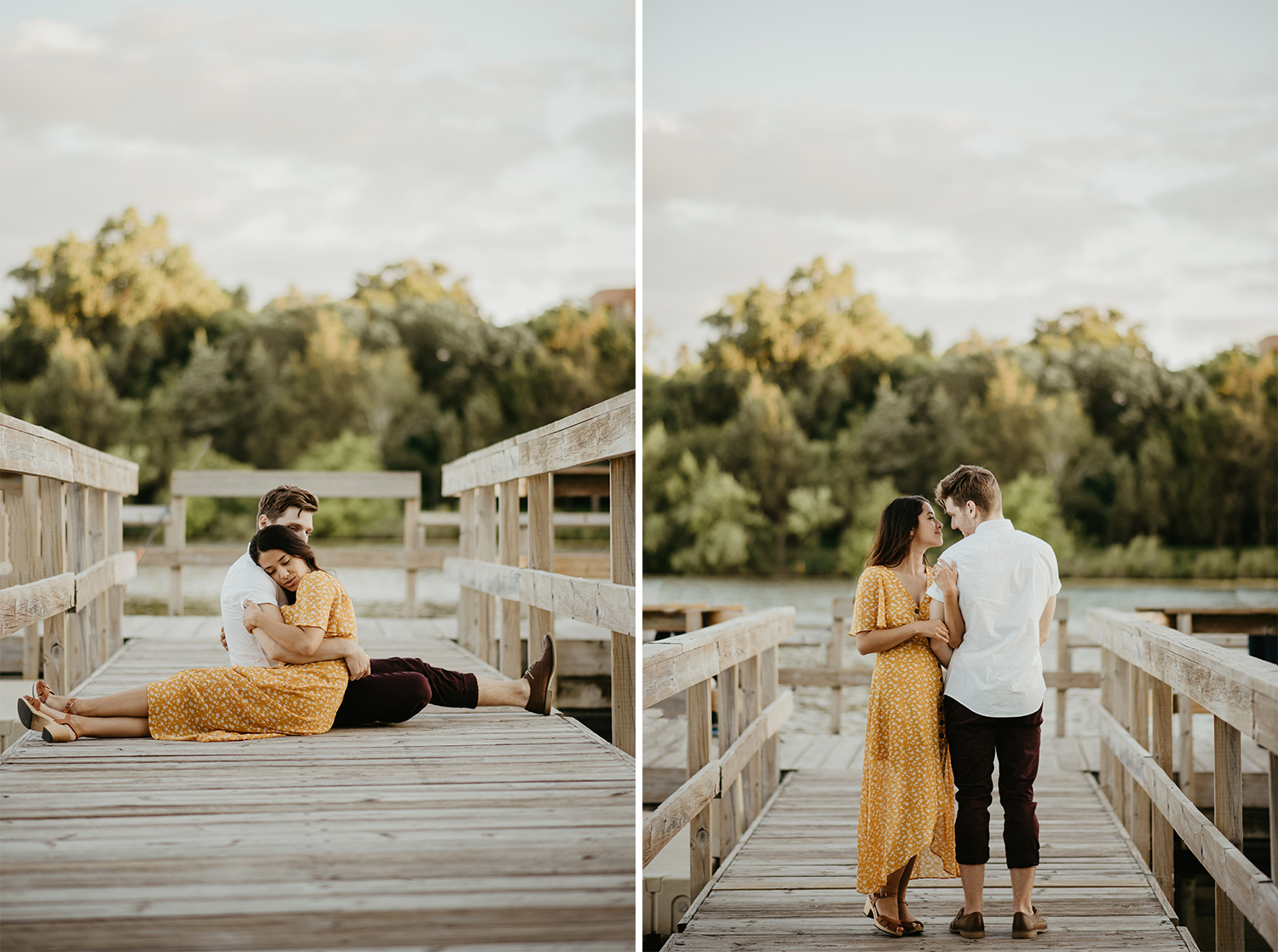 Man and woman cuddling on lakeside dock at sunset