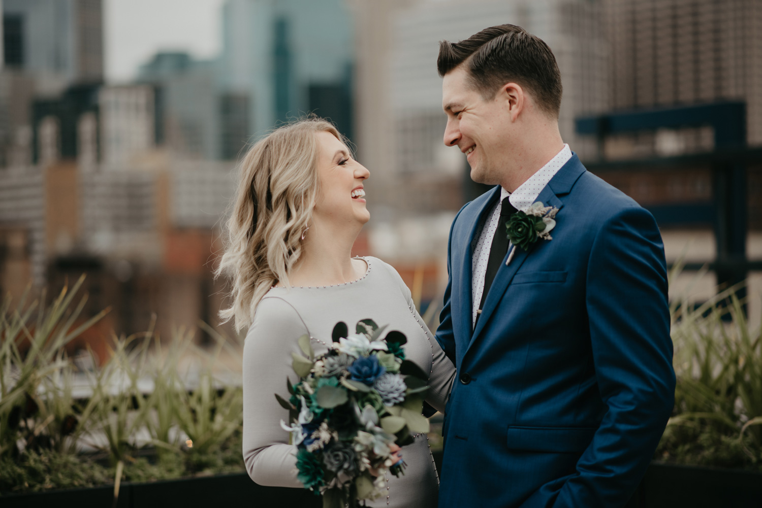 Bride and groom on Downtown Minneapolis Rooftop Hewing Hotel