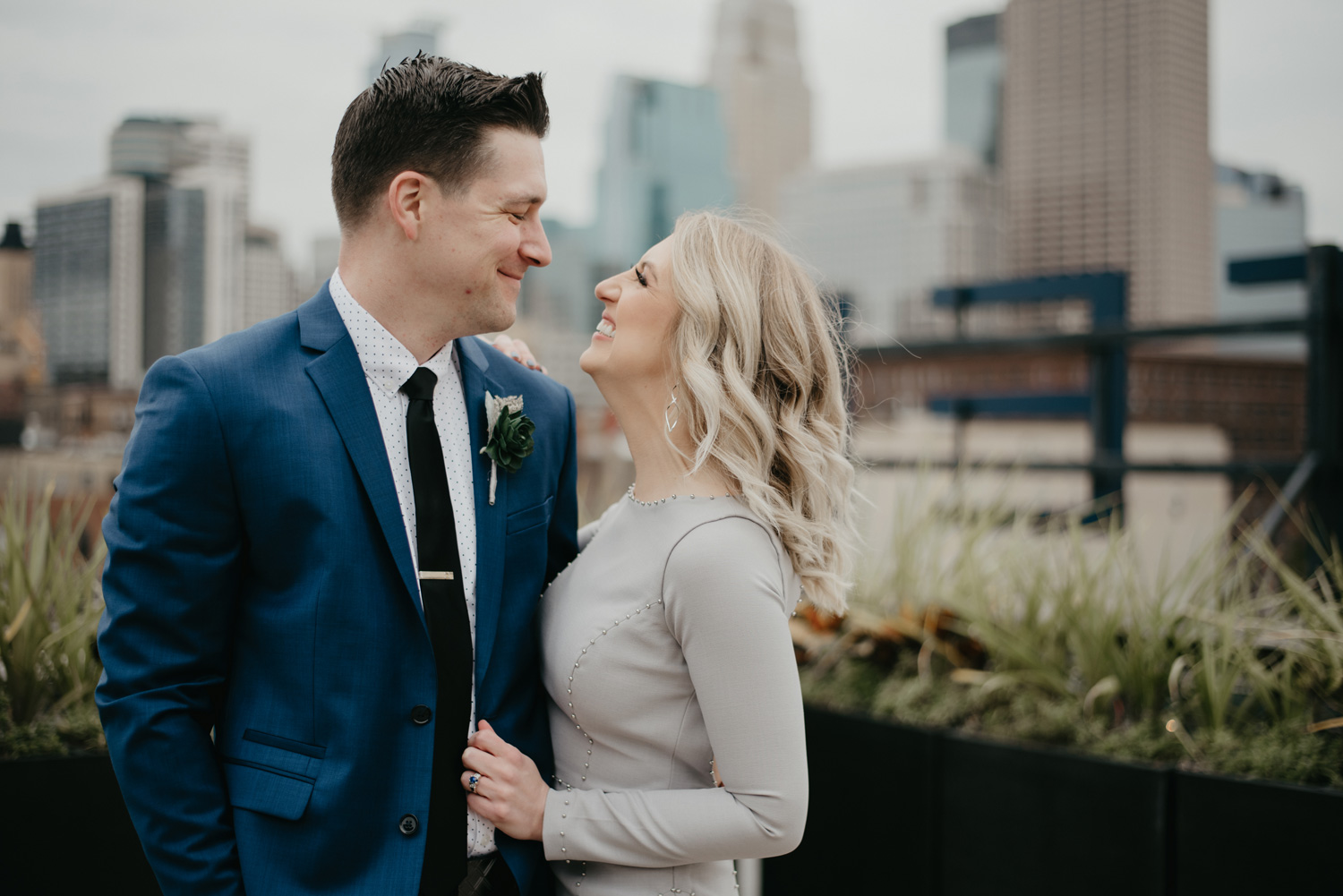 Bride and groom on Downtown Minneapolis Rooftop Hewing Hotel