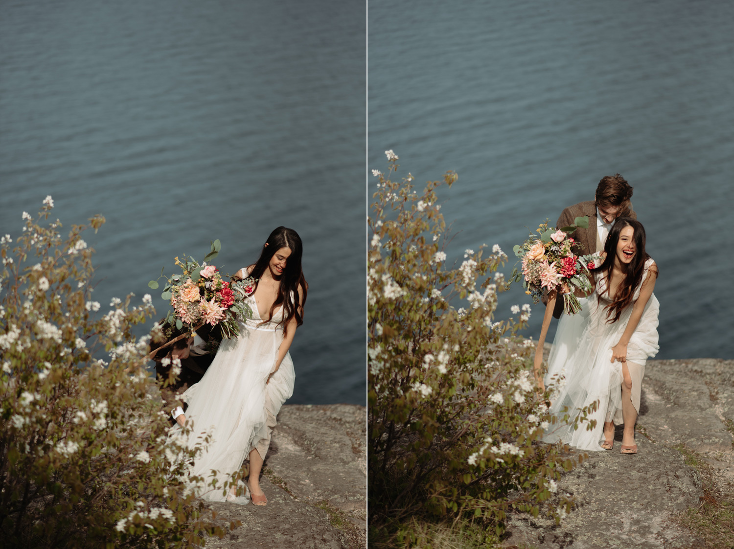 bride and groom walking over cliffside palisade head minnesota