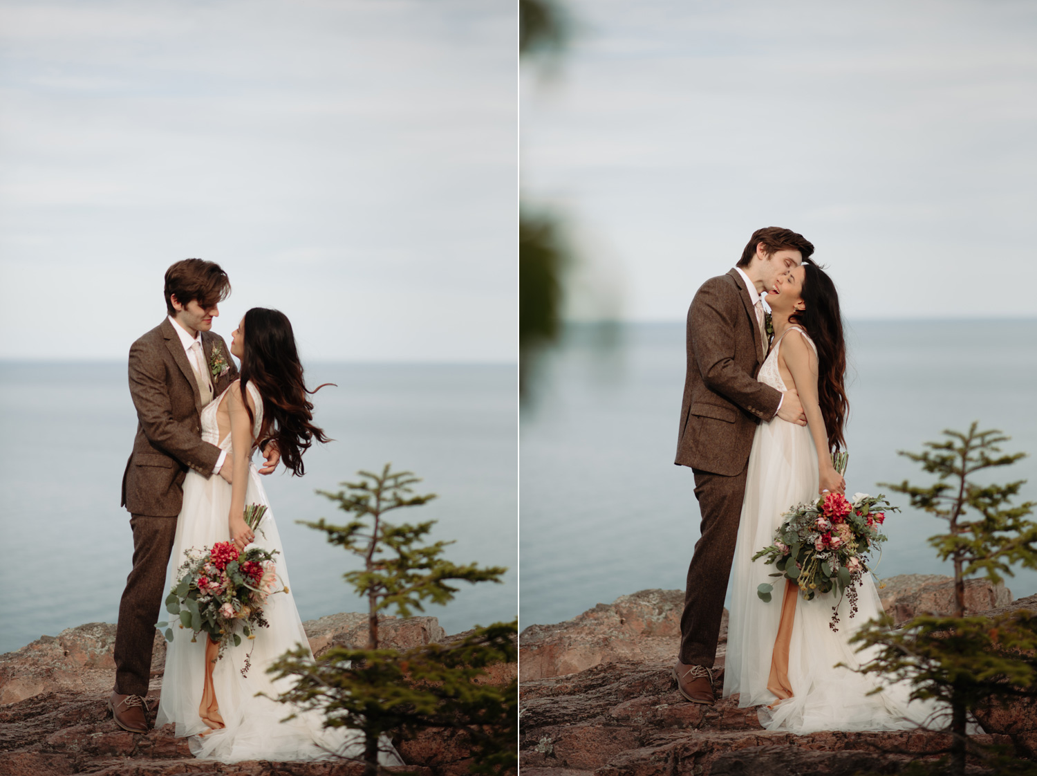bride and groom portraits on Palisade Head north shore minnesota elopement