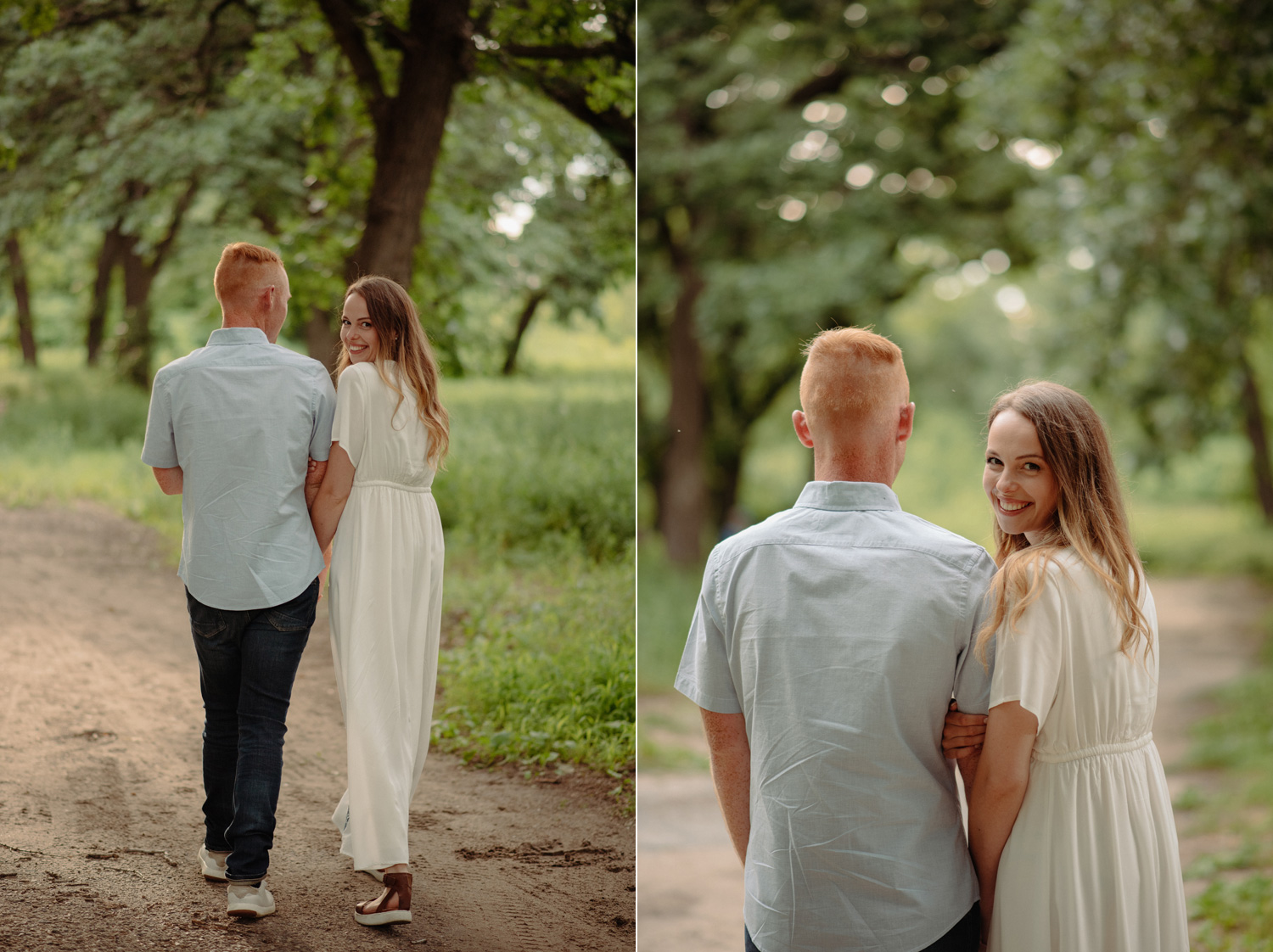 engaged couple walking away on dirt path