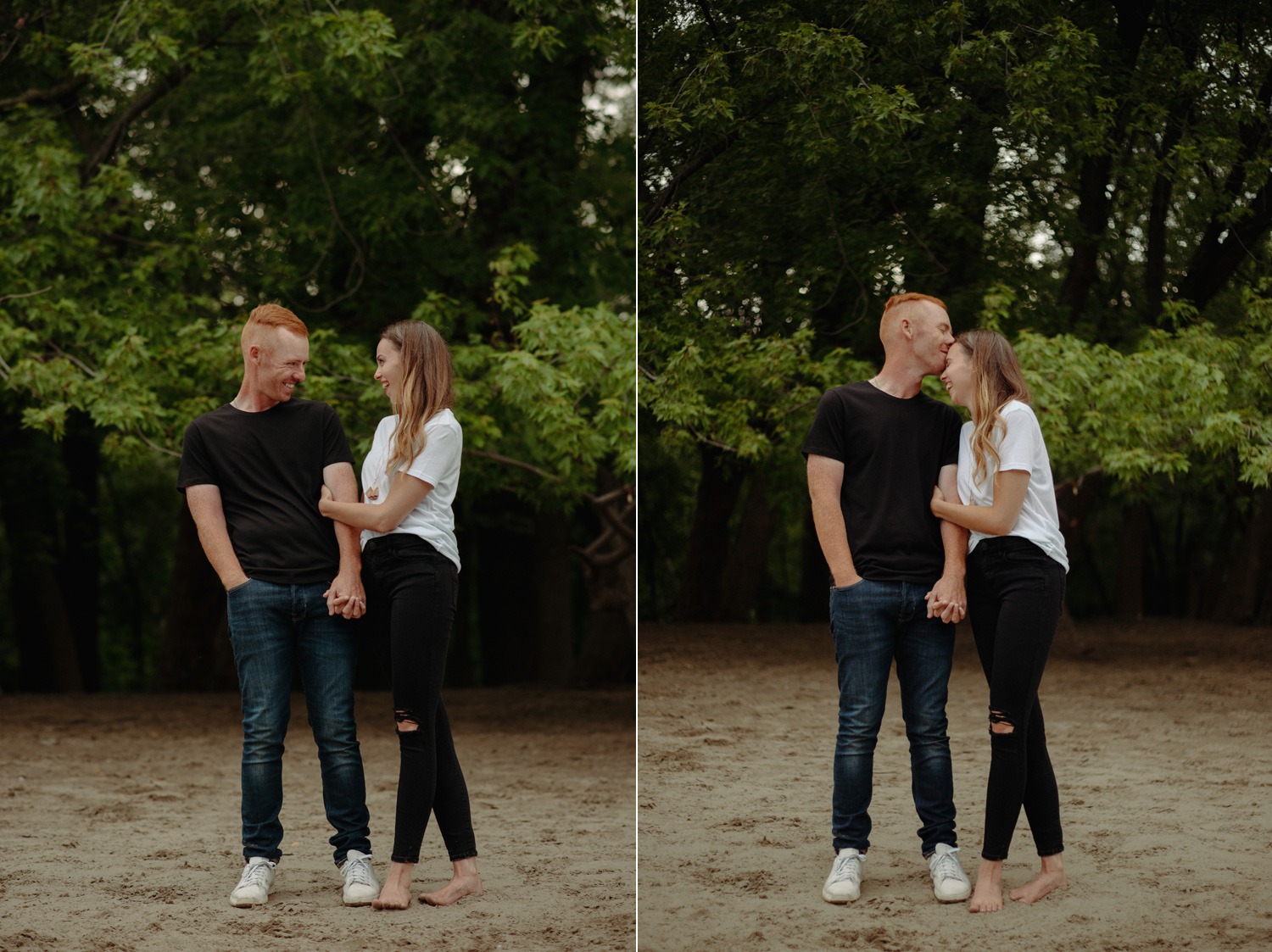 Couple in front of trees on the beach minnehaha river engagement photos