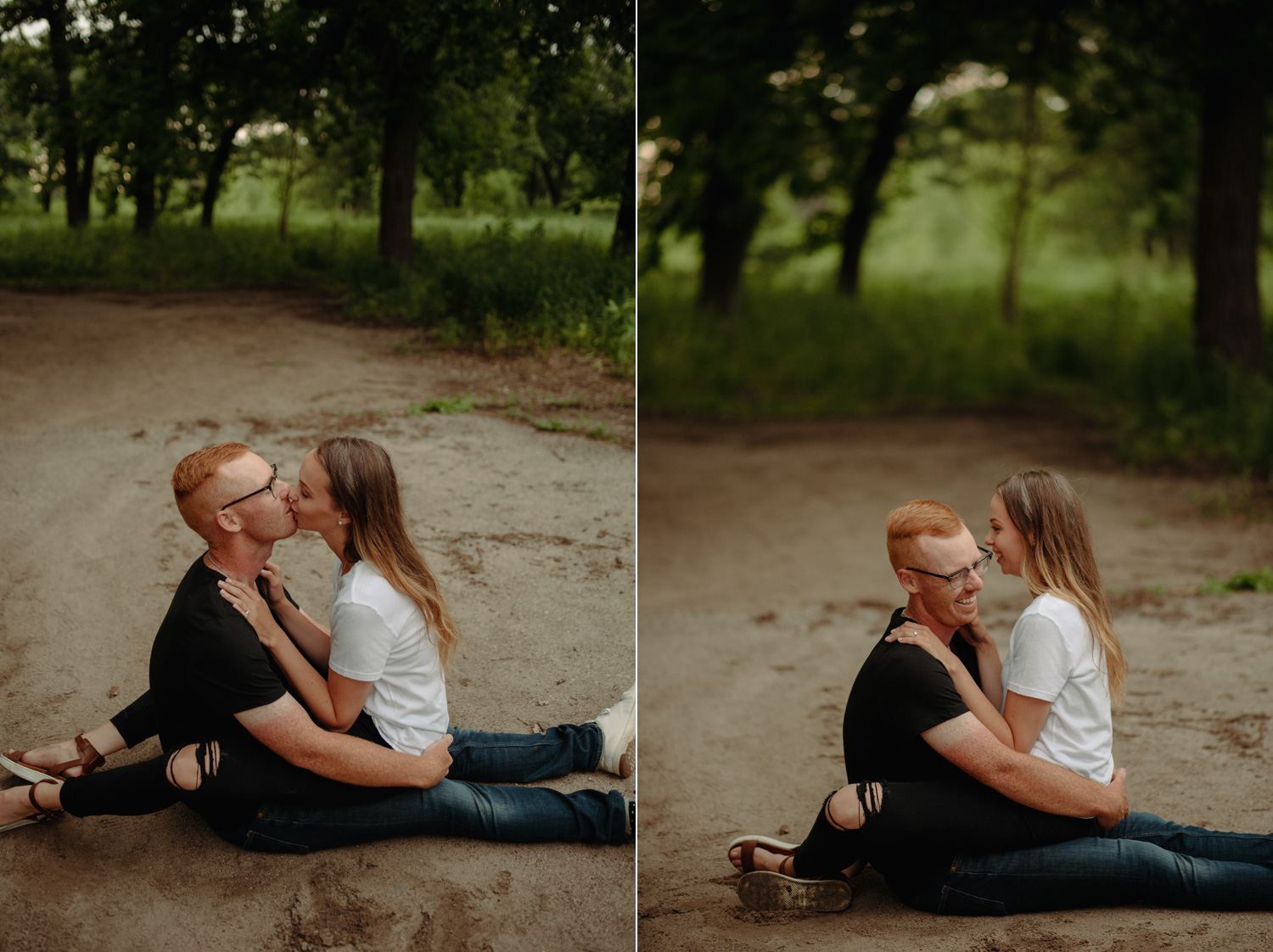 engaged couple sitting on dirt path in park minneapolis summer