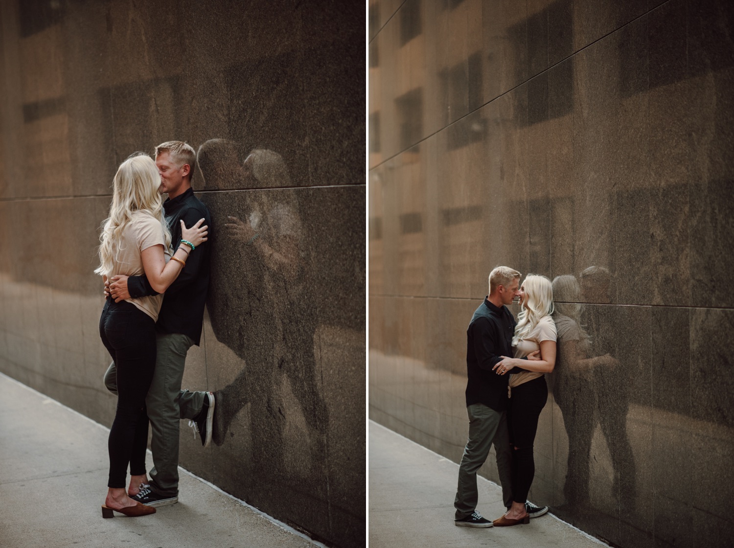 downtown Minneapolis engagement photos reflective alleyway