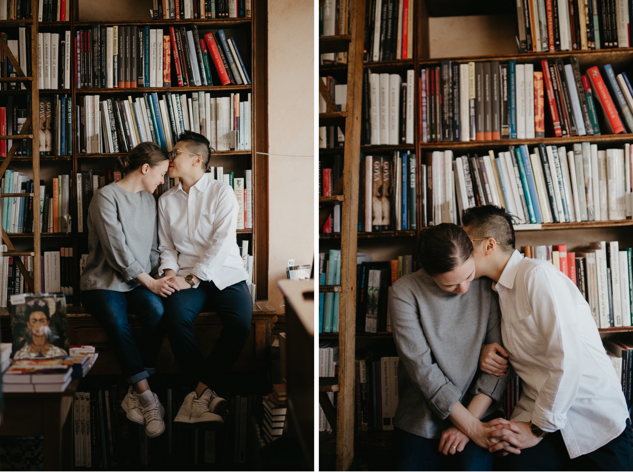 two side by side photos of bride and bride kissing