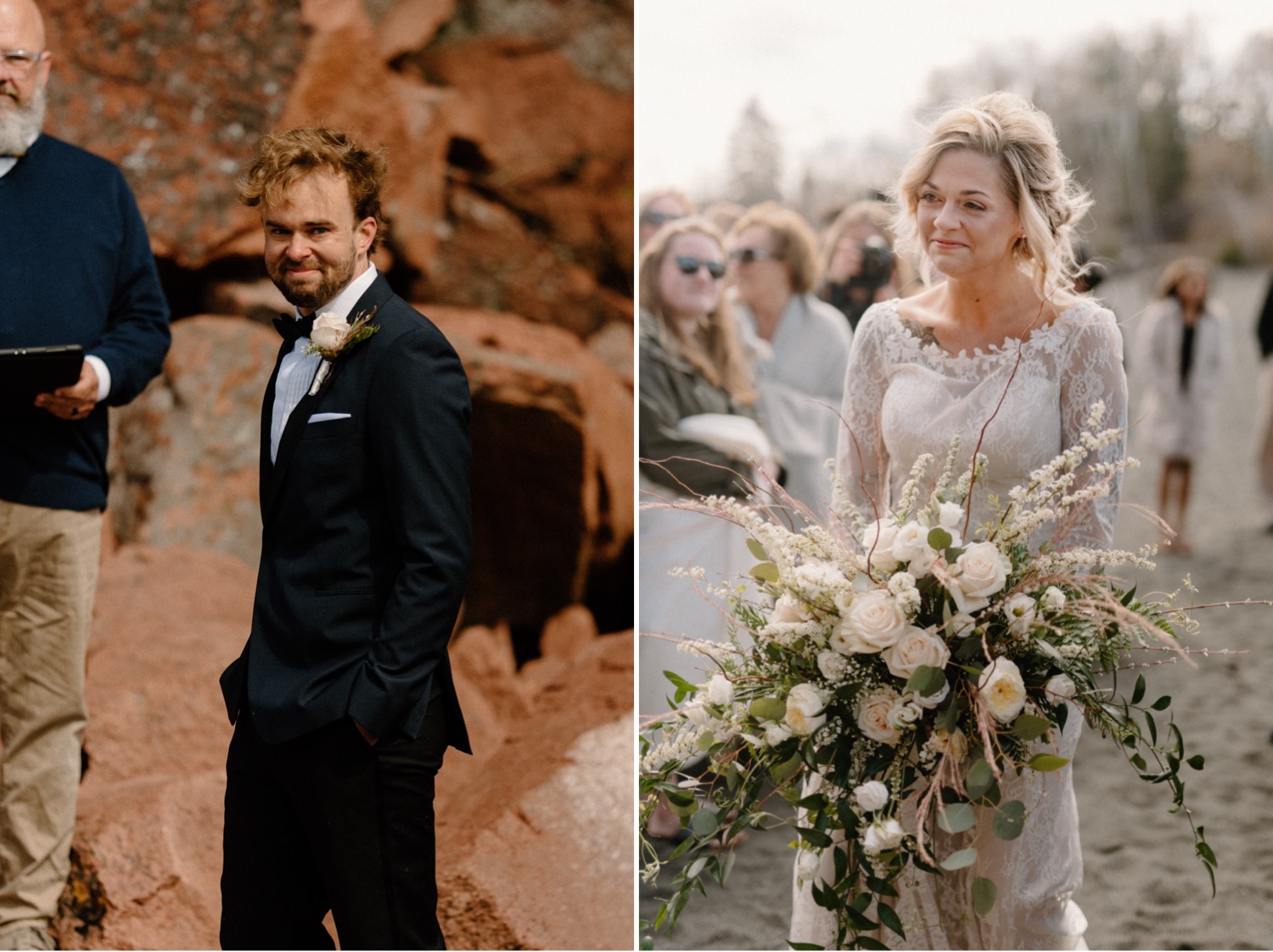 bride and groom emotional first look during outdoor intimate northern minnesota wedding ceremony