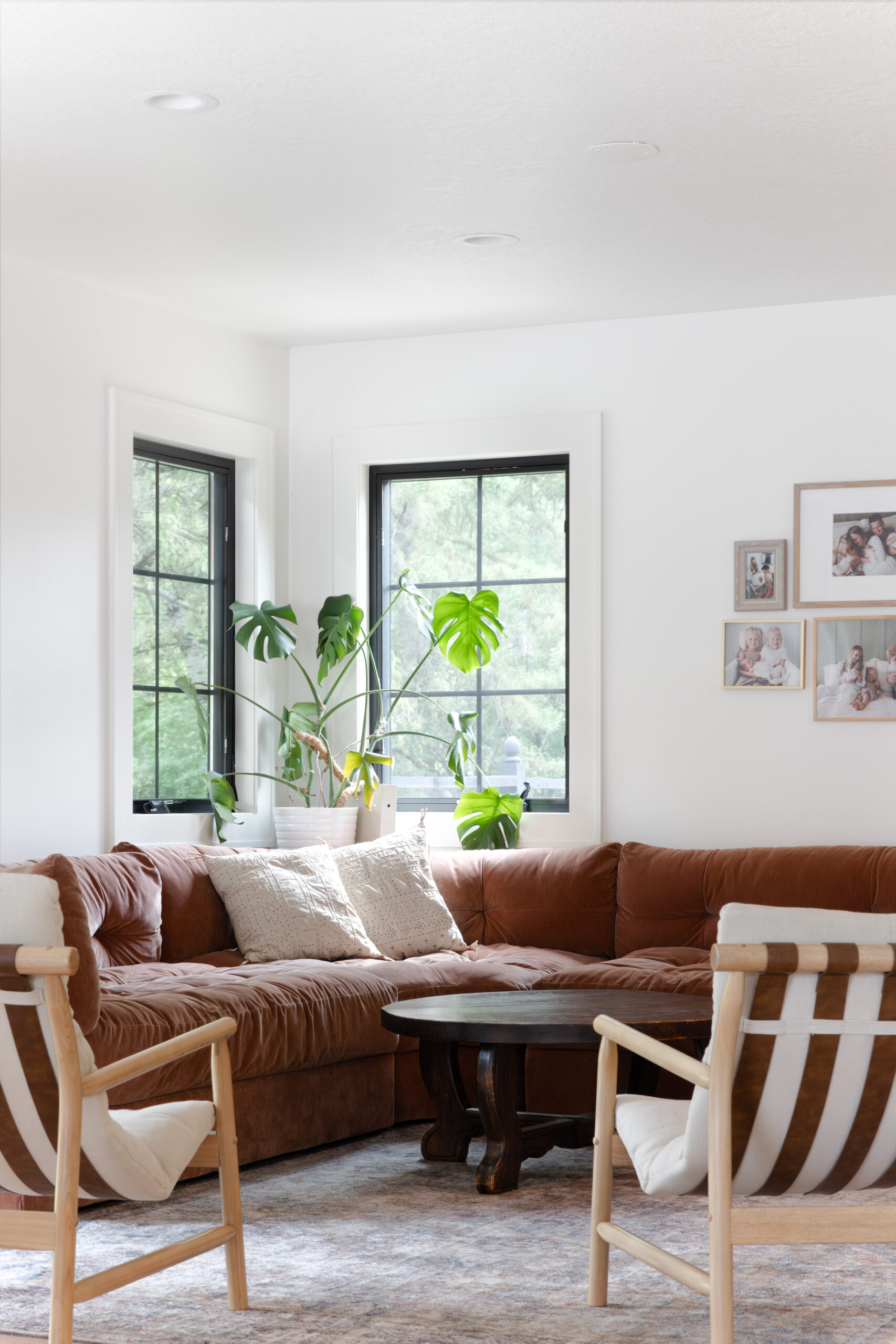 Modern bohemian living room with plants and rust velvet couch